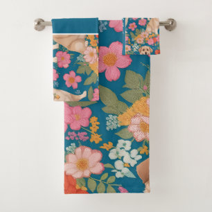 Anatolian Shepherd Dog Floral Colourful Pattern Bath Towel Set