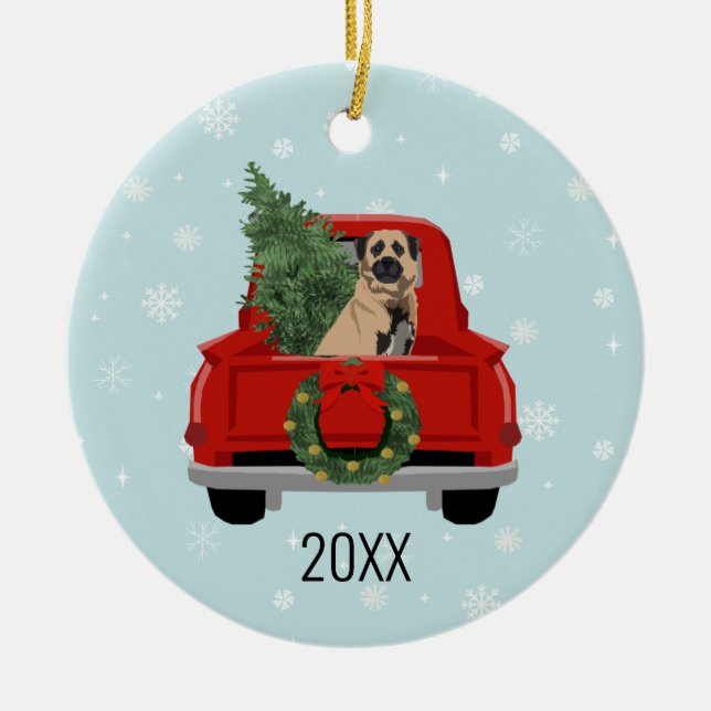 Anatolian Shepherd Dog red truck christmas Ceramic Ornament (Front)