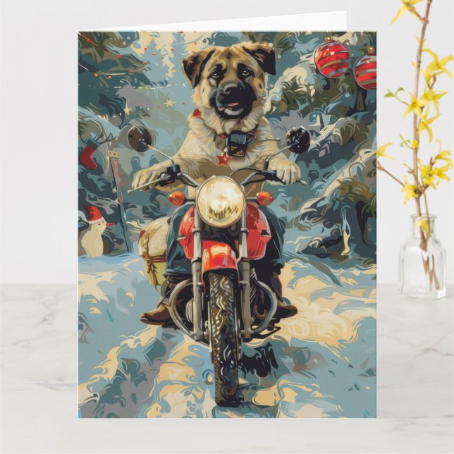 Anatolian Shepherd Dog Riding Motorcycle Christmas Card (Yellow Flower)