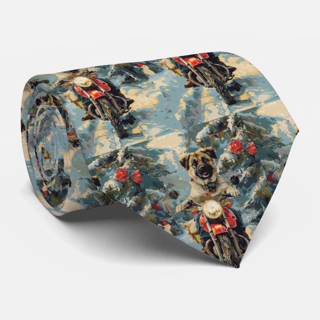 Anatolian Shepherd Dog Riding Motorcycle Christmas Tie (Rolled)
