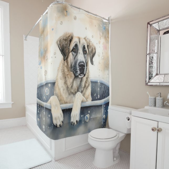 Anatolian Shepherd  In Bathtub Watercolor Dog Art  Shower Curtain (In Situ)