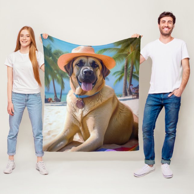 Anatolian Shepherd on Beach, dog lover summer gift Fleece Blanket (In Situ)