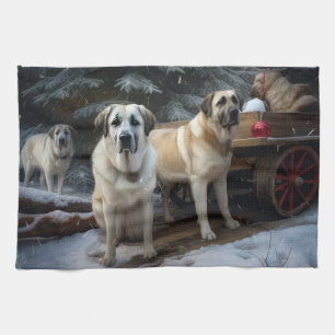 Anatolian Shepherd Snowy Sleigh Christmas Decor Tea Towel