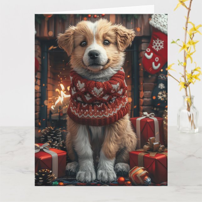 Anatolian Shepherd With Christmas Gifts Fireplace Card (Yellow Flower)