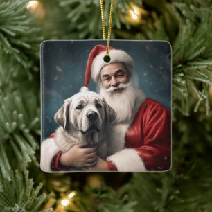 Anatolian Shepherd with Santa Claus Christmas Ceramic Ornament
