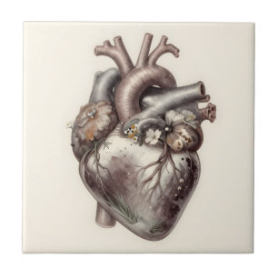 Anatomical Heart Floral Vintage Botanical Medical  Ceramic Tile