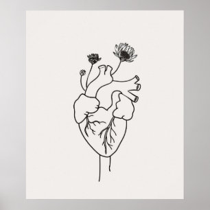 Anatomical Heart flowers black minimalist line art Poster