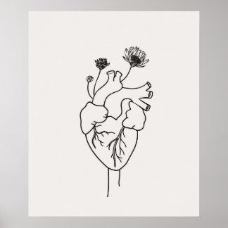 Anatomical Heart flowers black minimalist line art Poster