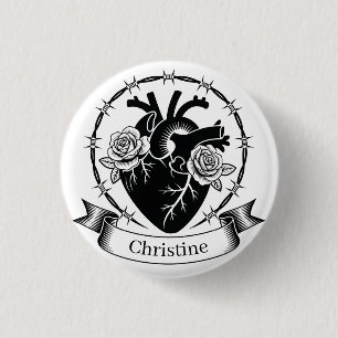 Anatomical Heart Tattoo: Black and White Design 3 Cm Round Badge