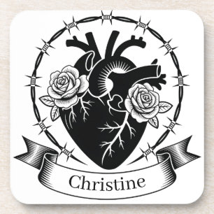 Anatomical Heart Tattoo: Black and White Design Coaster