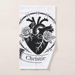 Anatomical Heart Tattoo: Black and White Design Hand Towel