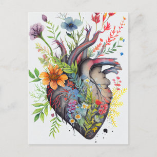 Anatomical heart & watercolor flowers love card