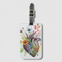 Anatomical heart & watercolor flowers love card  