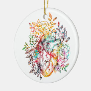 Anatomical heart with flowers ceramic ornament
