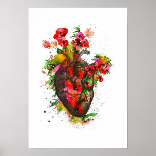 Anatomical heart with flowers, floral heart poster