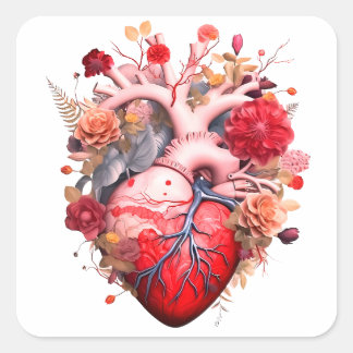 Anatomical heart with flowers square sticker