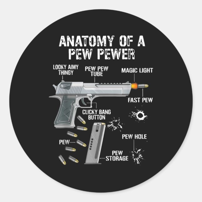 anatomy of a pew pewer classic round sticker (Front)