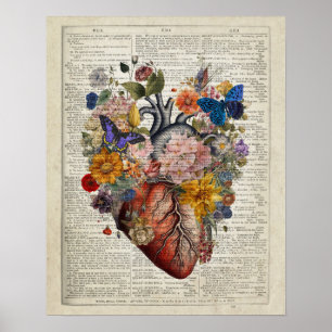 Anatomy of Human Heart with Flowers & Butterflies Poster