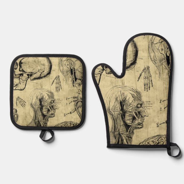 Anatomy Vintage Look Oven Mitt & Pot Holder Set (Front)