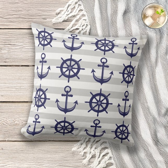 Anchor and Boat Helm Wheel Grey Stripe Nautical Cushion (Creator Uploaded)
