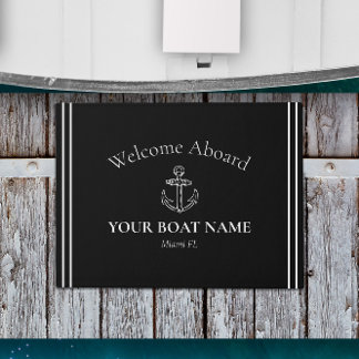 Anchor and Boat Name Black & White Nautical Doormat