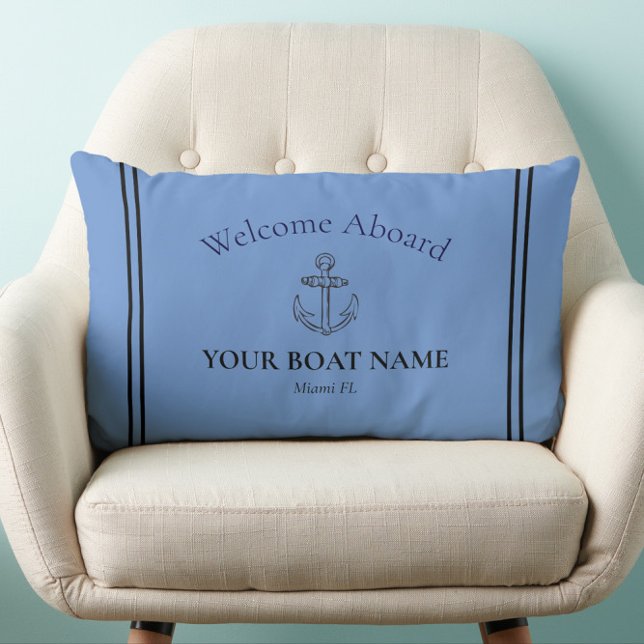 Anchor and Boat Name Cornflower Blue Nautical Lumbar Cushion (Personalized Nautical Lumbar Pillow with Your Boat Name and Home Port in Cornflower Blue)
