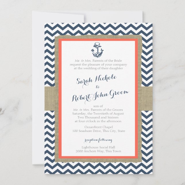 Anchor and Chevron Coral Blue Rustic Wedding Invitation (Front)