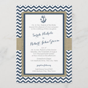 Anchor and Chevron Navy Blue Rustic Wedding Invitation