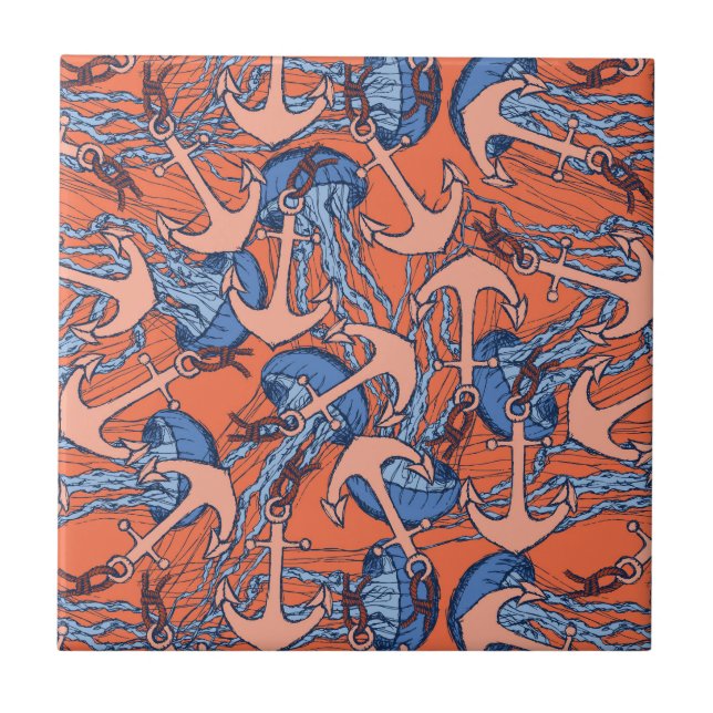 Anchor And Jellyfish Pattern Ceramic Tile (Front)