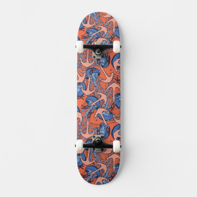 Anchor And Jellyfish Pattern Skateboard (Front)