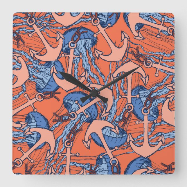 Anchor And Jellyfish Pattern Square Wall Clock (Front)