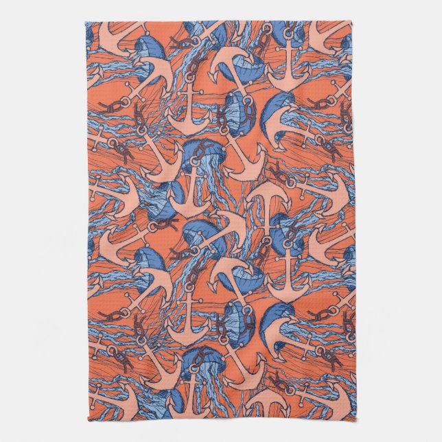 Anchor And Jellyfish Pattern Tea Towel (Vertical)