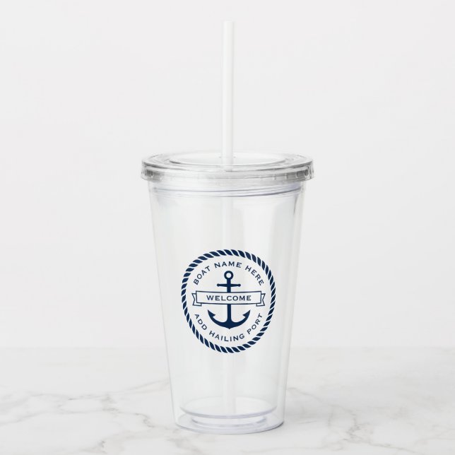 Anchor and rope boat name hailing port welcome acrylic tumbler (Front)