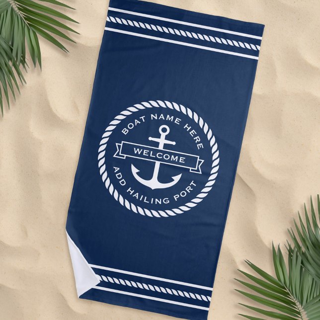 Anchor and rope boat name hailing port welcome beach towel (Creator Uploaded)