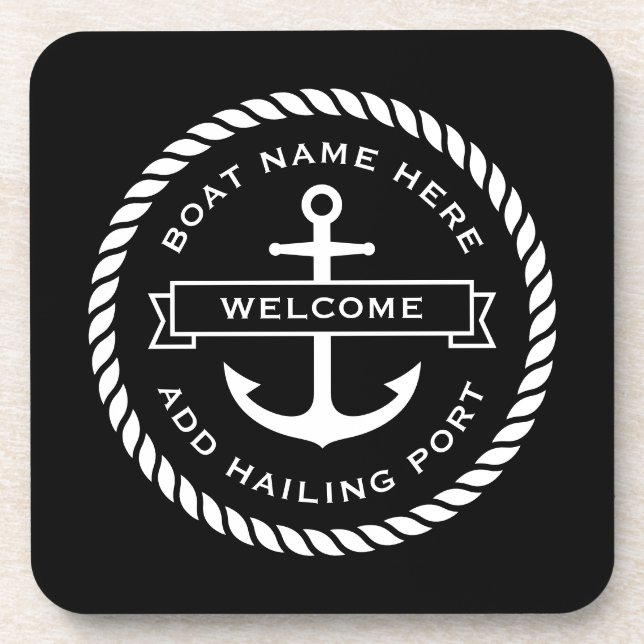 Anchor and rope boat name hailing port welcome coaster (Front)