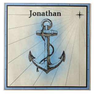 Anchor and Rope with a Map Design, Nautical Ceramic Tile