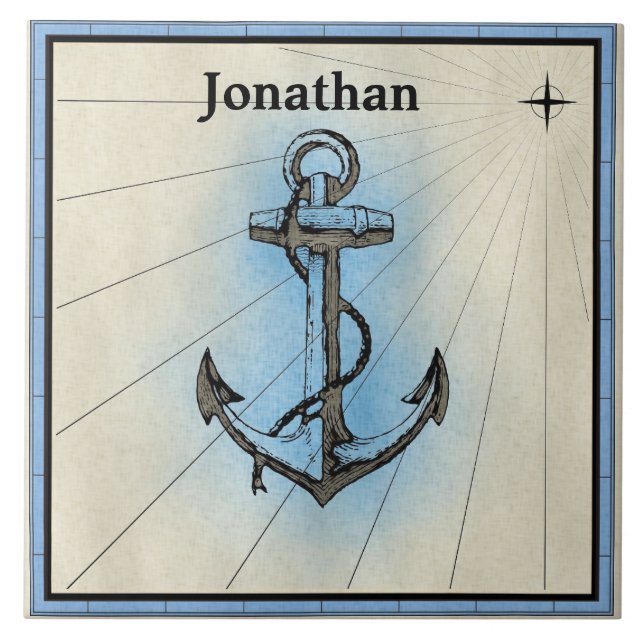 Anchor and Rope with a Map Design, Nautical Ceramic Tile (Front)