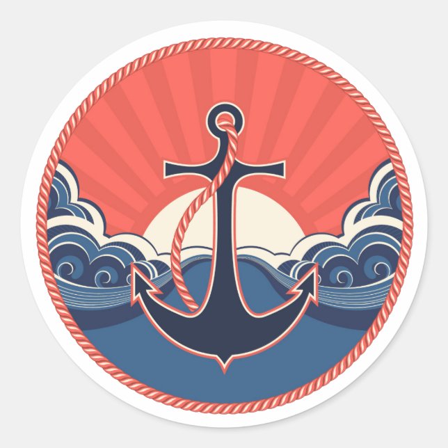 Anchor And Sea Wave Pattern Classic Round Sticker (Front)