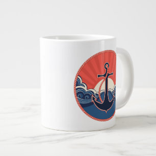 Anchor And Sea Wave Pattern Large Coffee Mug