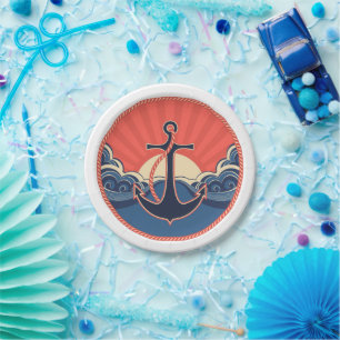 Anchor And Sea Wave Pattern Paper Plate