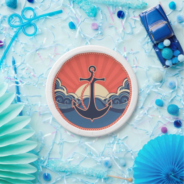 Anchor And Sea Wave Pattern Paper Plate (Party)