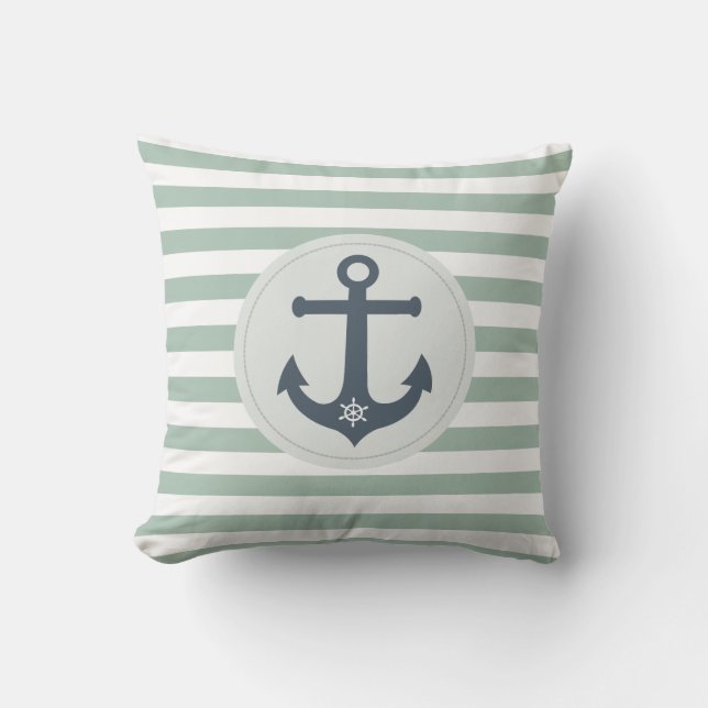 Anchor and ships wheel  mint stripes nautical cushion (Front)