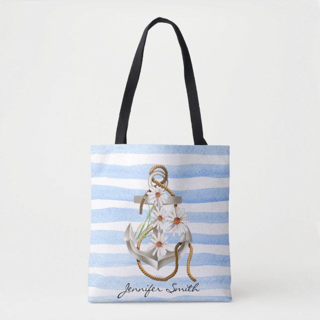 anchor and white daisy bouquet on blue stripe tote bag (Front)