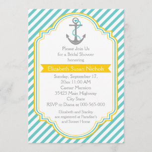 Anchor aqua, yellow nautical wedding bridal shower invitation