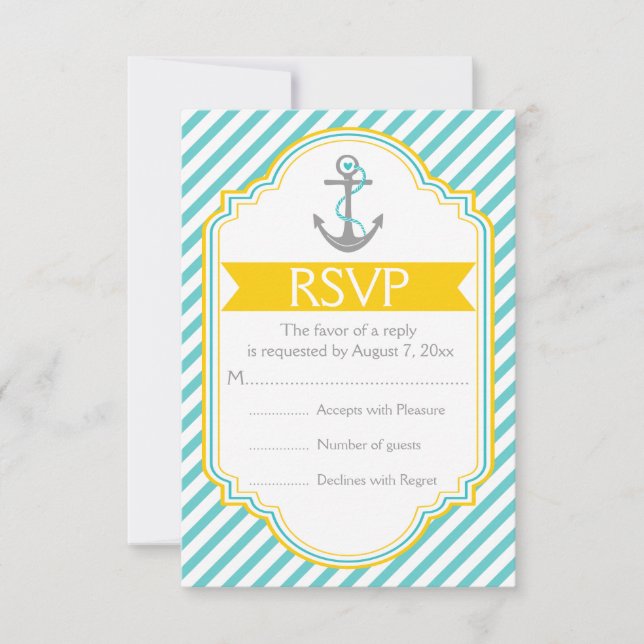 Anchor aqua, yellow nautical wedding RSVP (Front)