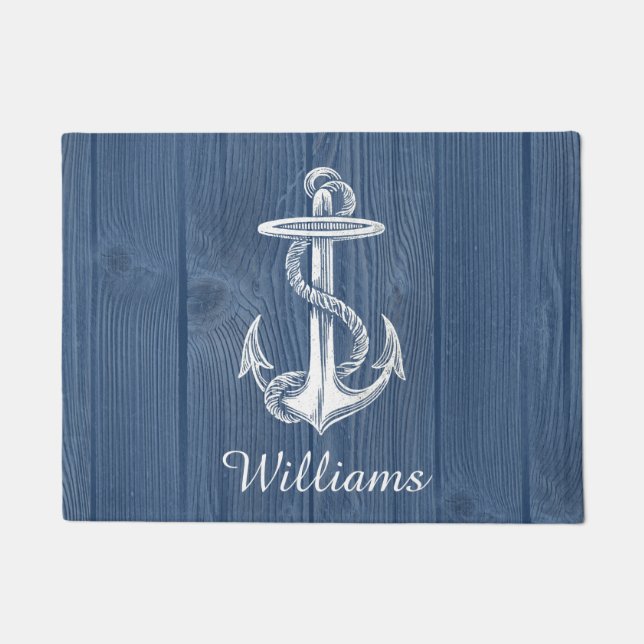 Anchor Beach Blue Wood Personalised Doormat (Front)