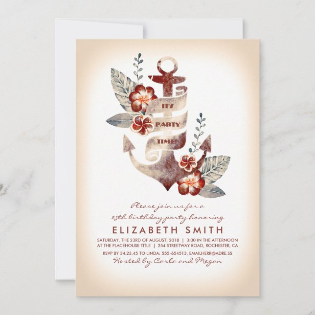 Anchor Beach Nautical Tropical Birthday Party Invitation (Front)