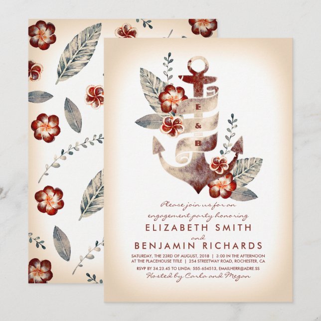 Anchor Beach Nautical Tropical Engagement Party Invitation (Front/Back)