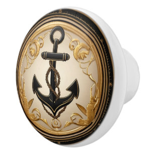 Anchor Black and Gold Nautical Cabinet Cupboard Ceramic Knob