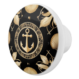 Anchor Black and Gold Nautical Drawer Puller Ceramic Knob